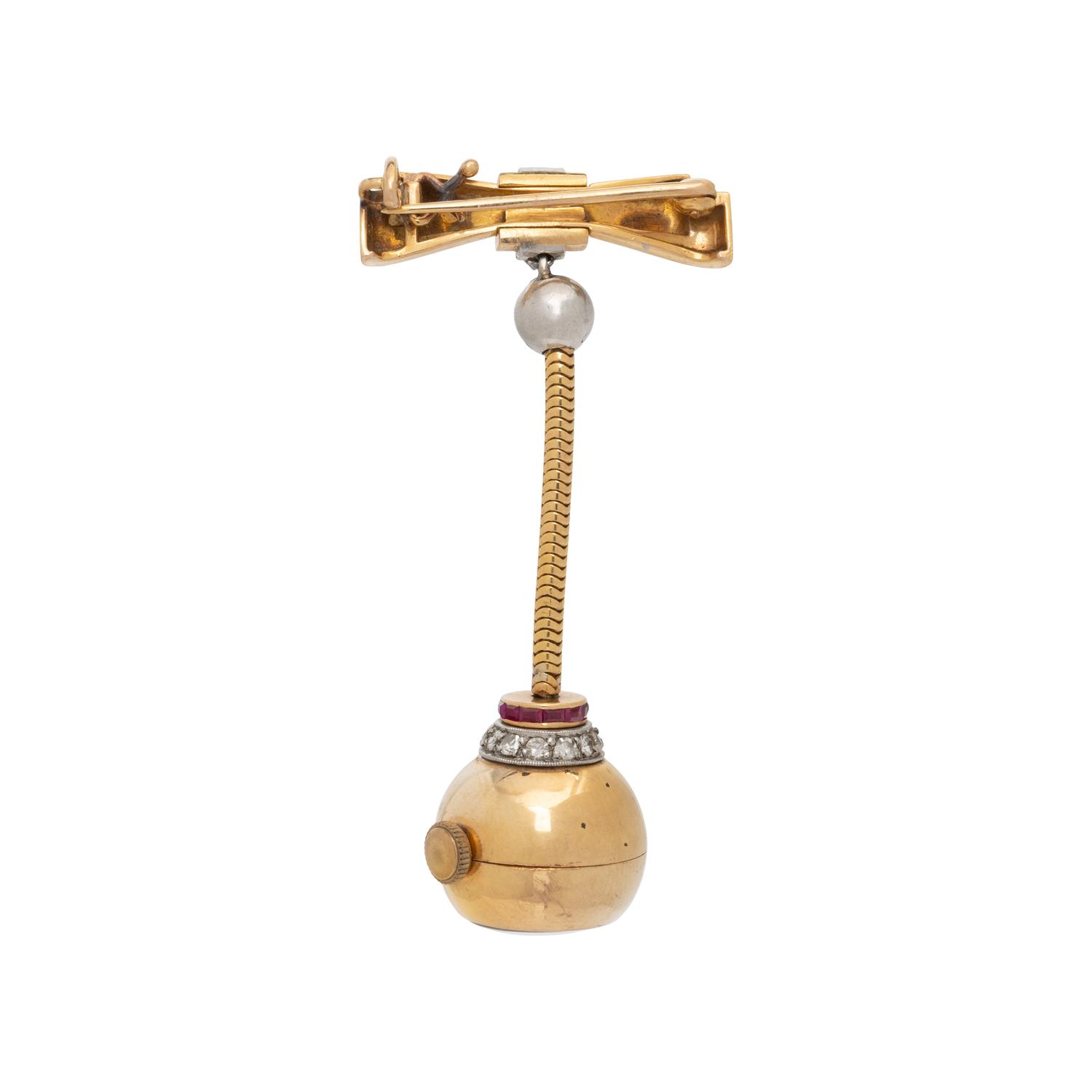 YELLOW GOLD, DIAMOND, AND RUBY WATCH BROOCH