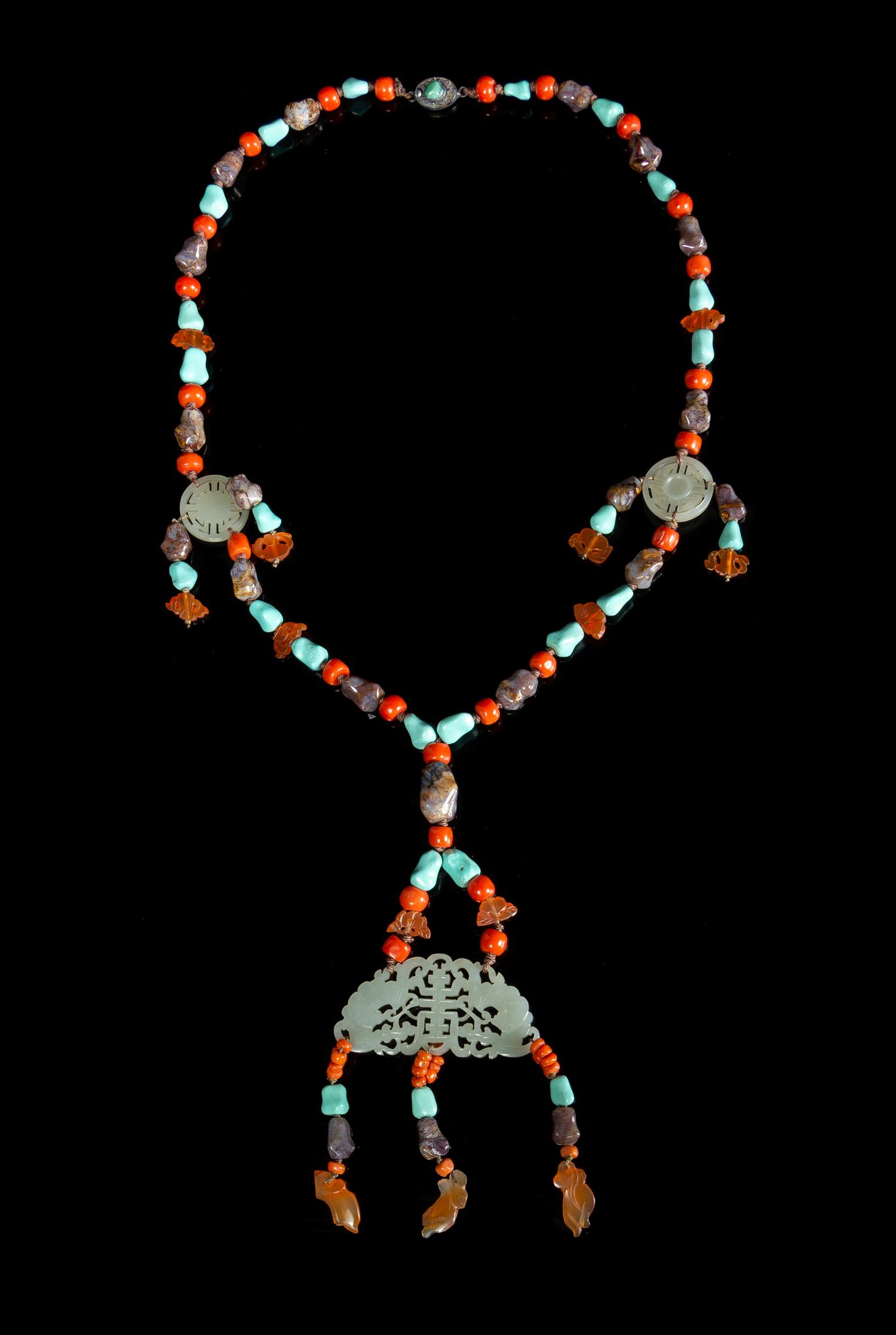 A Chinese Pale Celadon and Hardstone Necklace