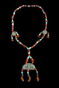 A Chinese Pale Celadon and Hardstone Necklace