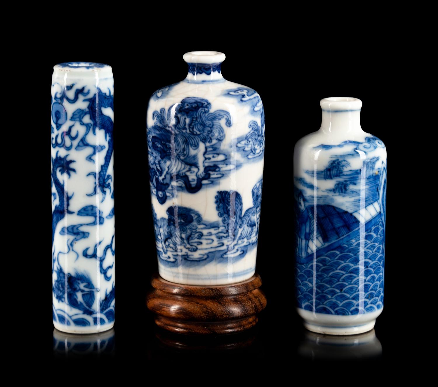 Three Blue and White Porcelain Snuff Bottles