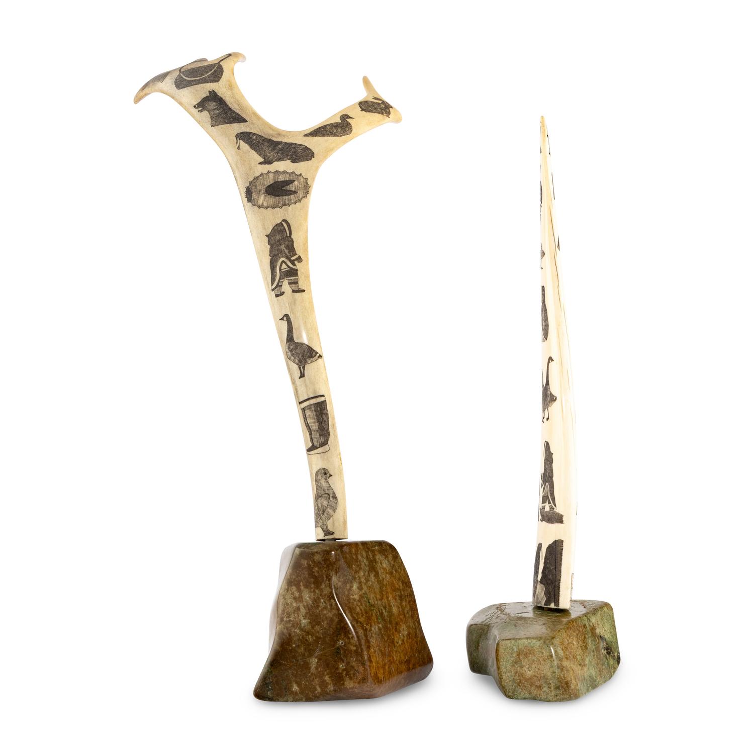 Scrimshawed Antler and Walrus Tusk