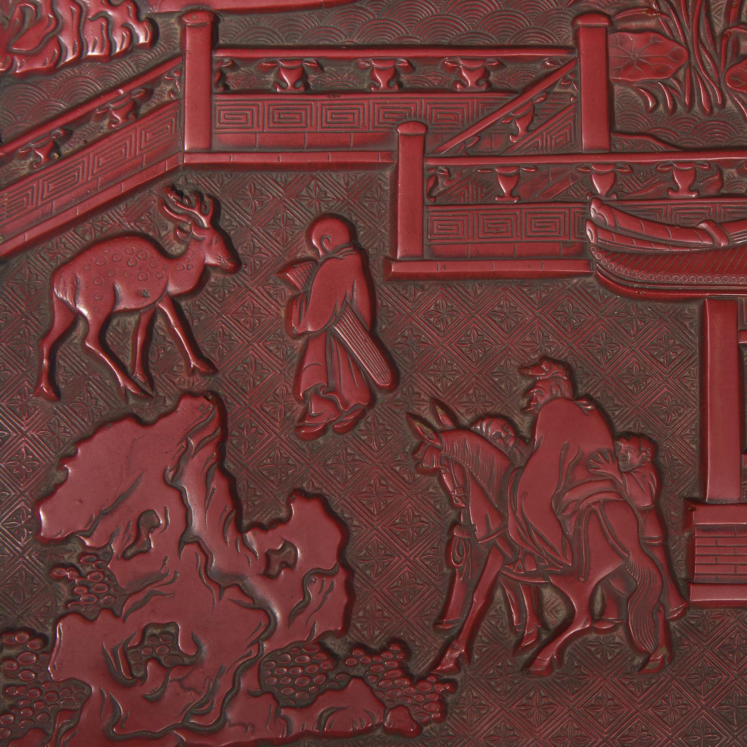 A Large Chinese Carved Cinnabar Lacquer Rectangular Box and Cover, 19th Century 清中期 剔紅攜琴訪友圖大方盒