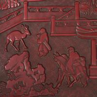A Large Chinese Carved Cinnabar Lacquer Rectangular Box and Cover, 19th Century 清中期 剔紅攜琴訪友圖大方盒