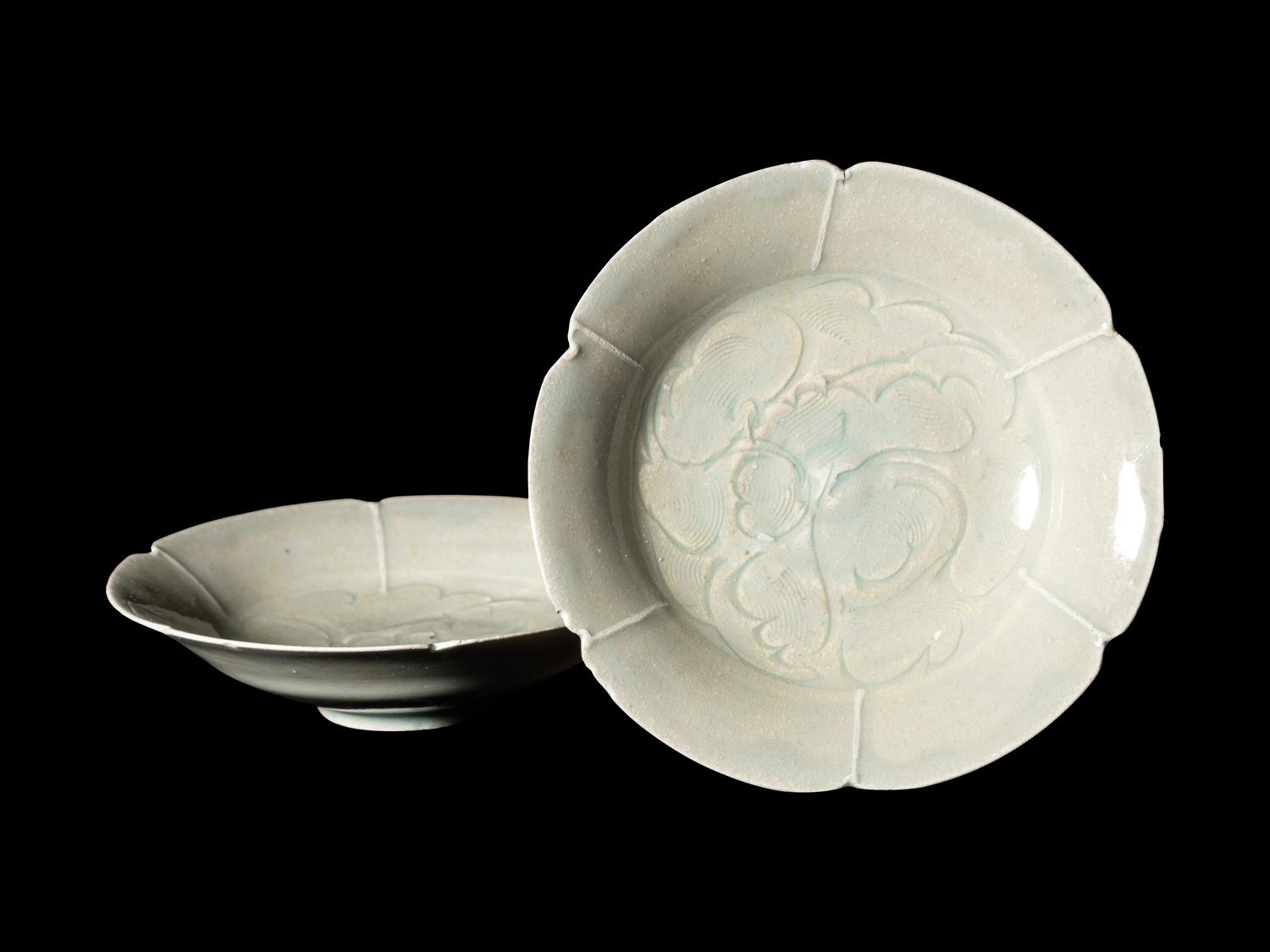 A Pair of Qingbai Glazed Porcelain 'Foliate' Dishes