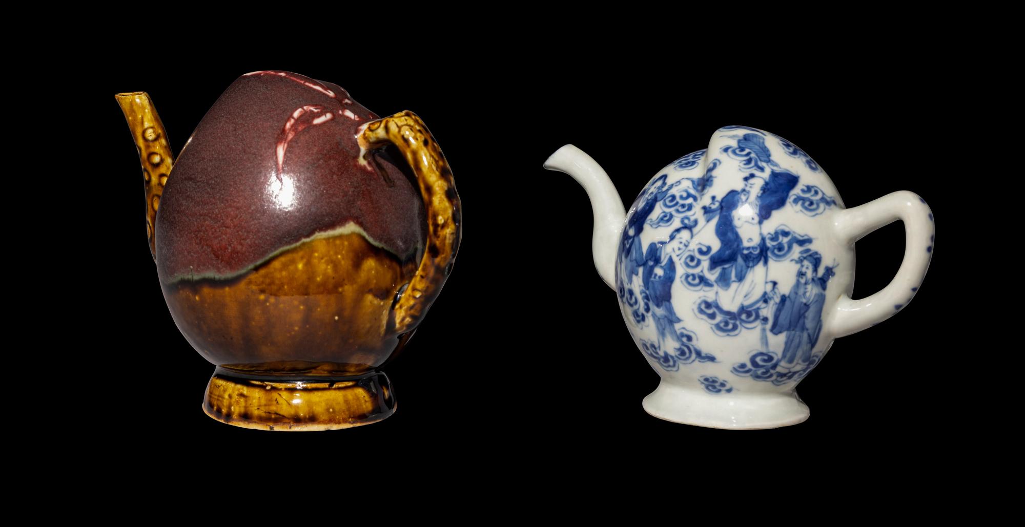 Two Chinese Porcelain Peach-Form Wine Pots, Daoliuhu