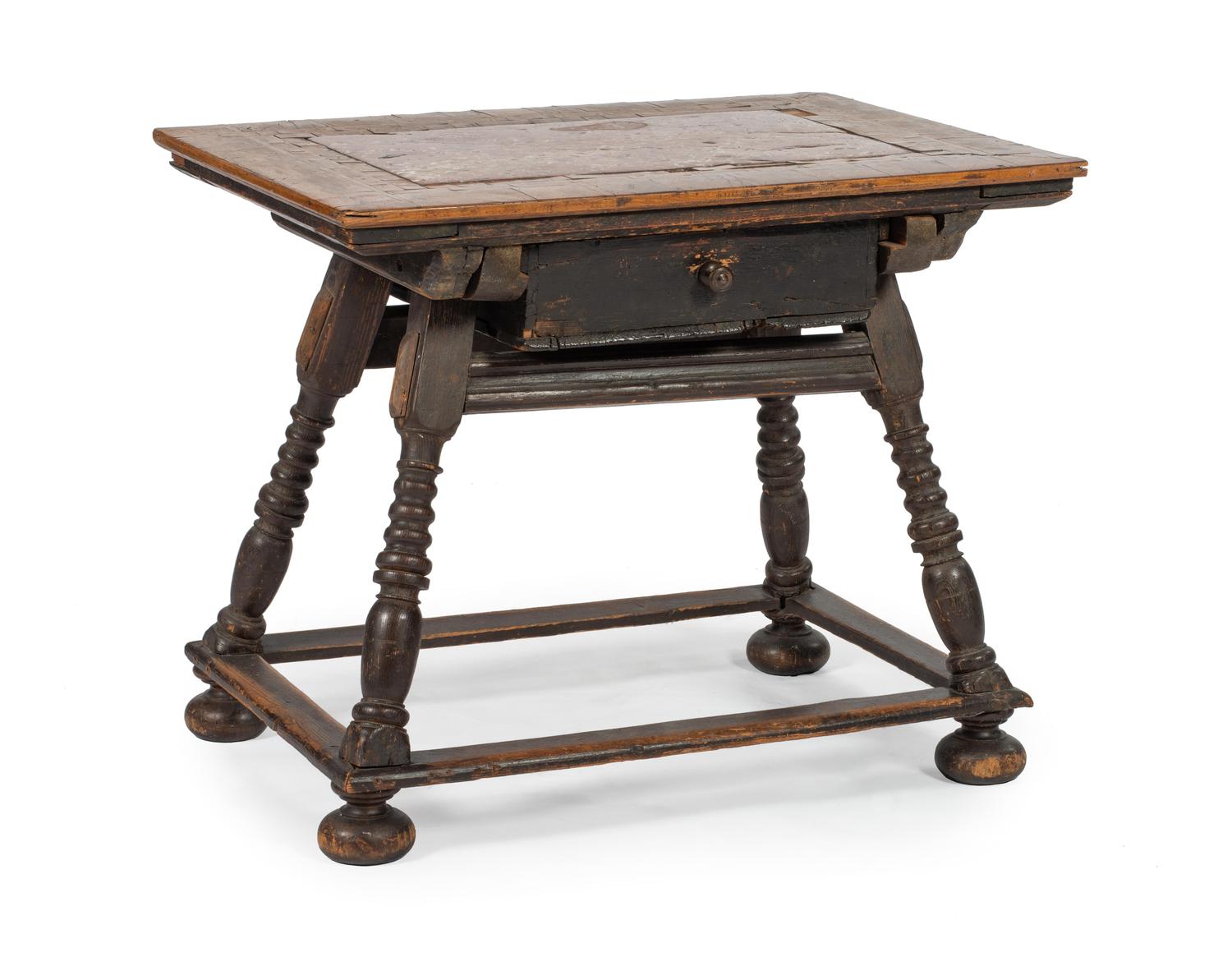 A Continental Marble-Inset Walnut and Oak Tavern Table