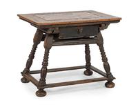 A Continental Marble-Inset Walnut and Oak Tavern Table