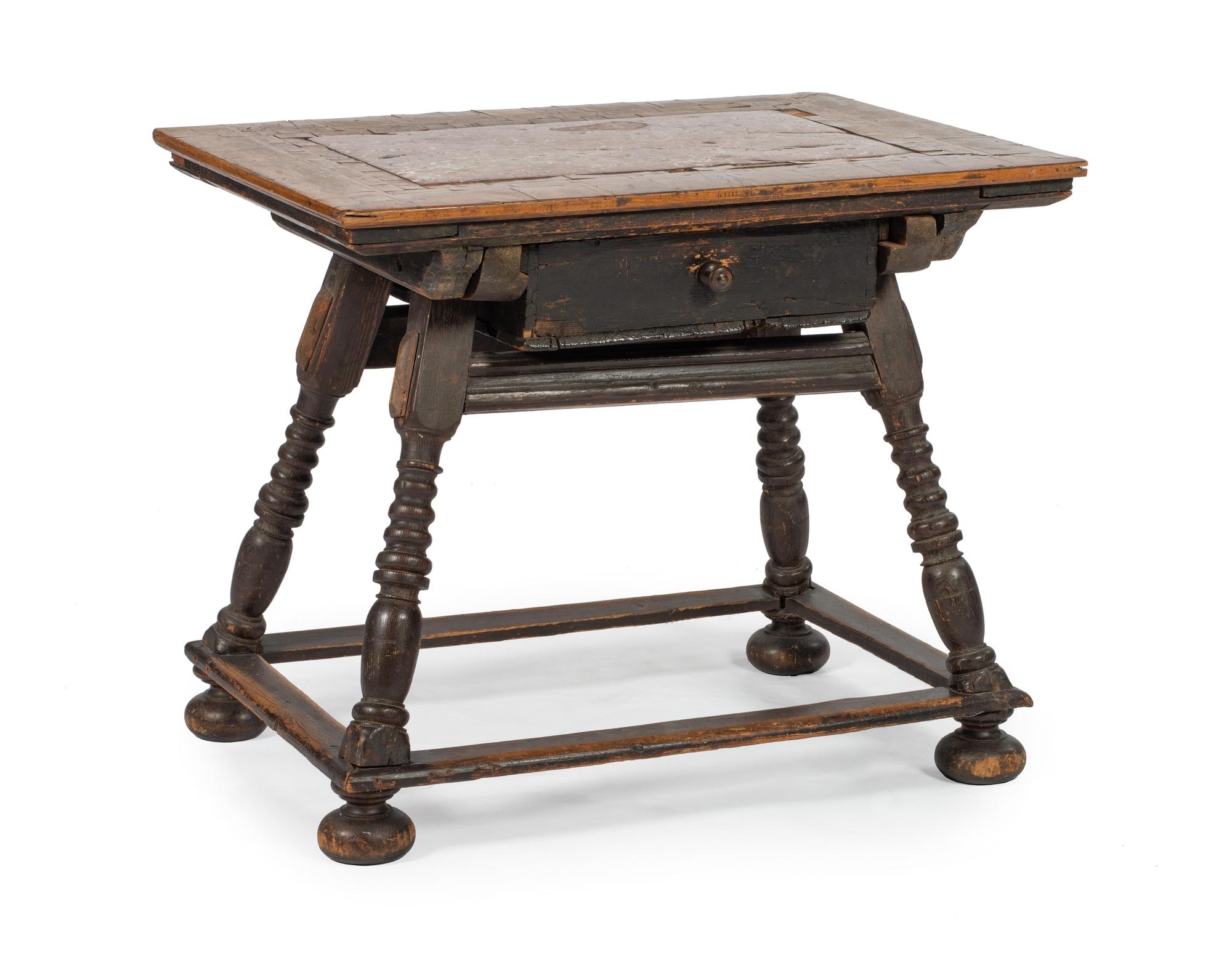 A Continental Marble-Inset Walnut and Oak Tavern Table