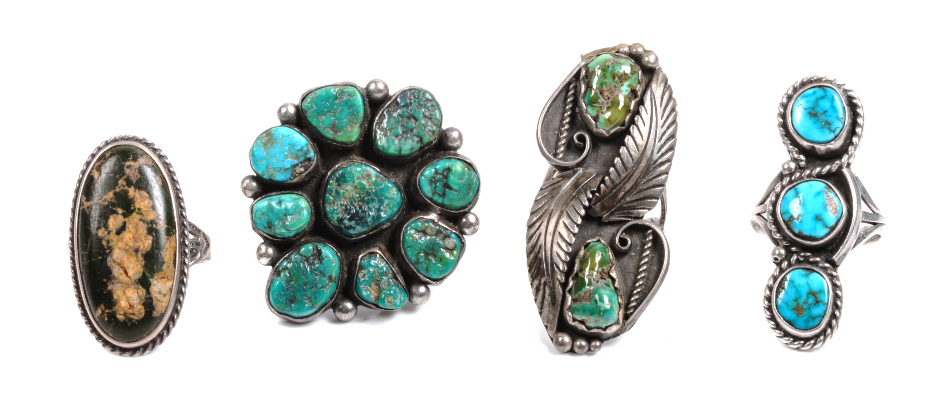 Four Southwestern Silver and Turquoise Rings