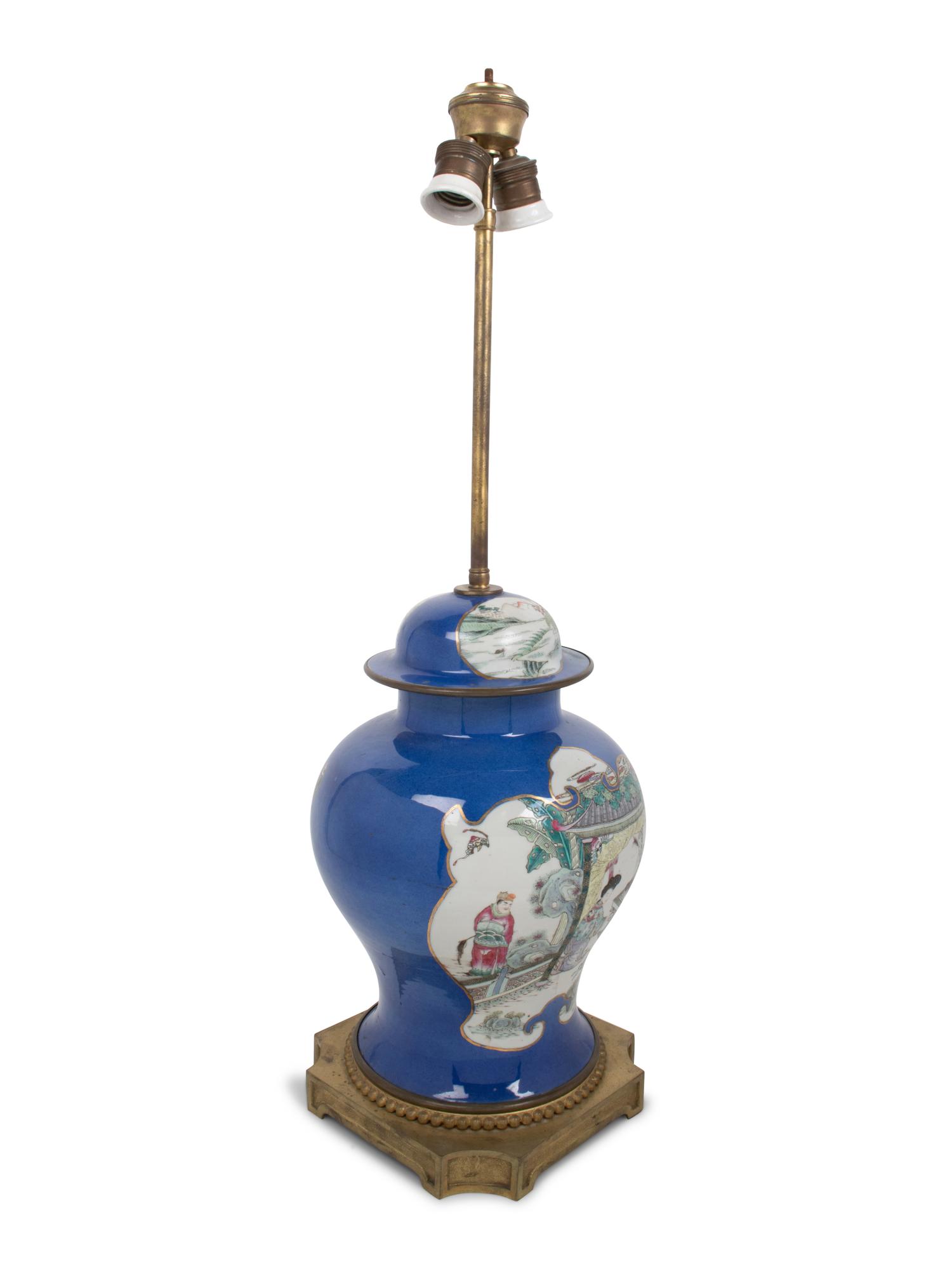 A Famille Rose Blue-Ground Porcelain Jar Mounted as a Lamp