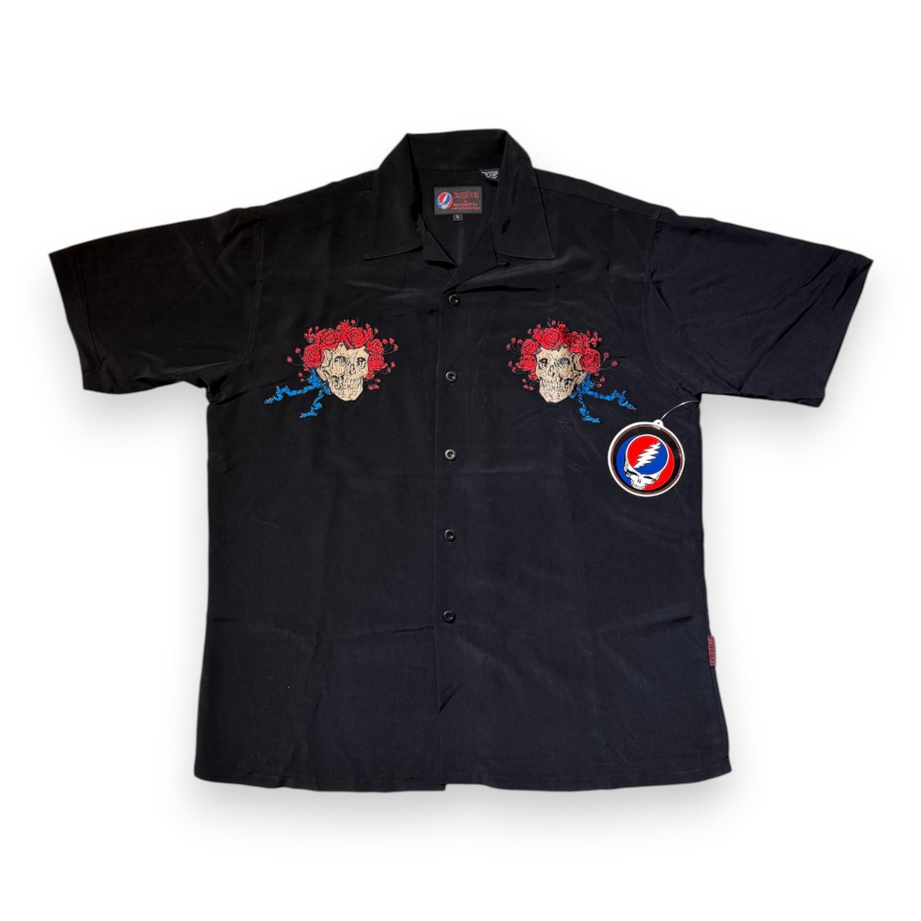 sale-Grateful Dead Skull and Roses Embroidered Collar Shirt — Dragonfly Clothing, Size L