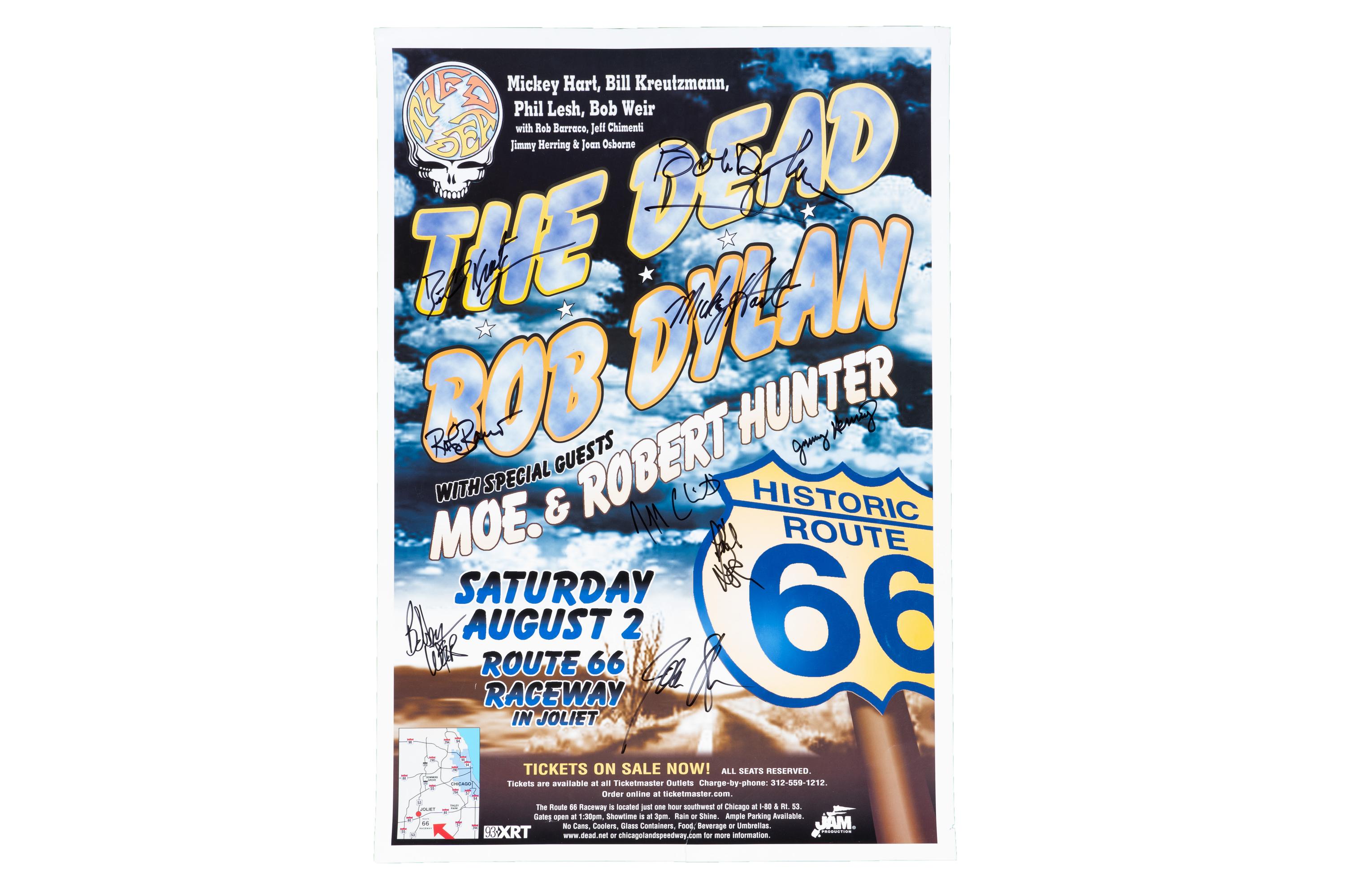 sale-Multi-Signed The Dead Poster — Signed by Bob Dylan, Bob Weir, Phil Lesh, Mickey Hart, Bill Kreutzmann, Joan Osborne, Jimmy Herring, Jeff Chimenti & Rob Barraco