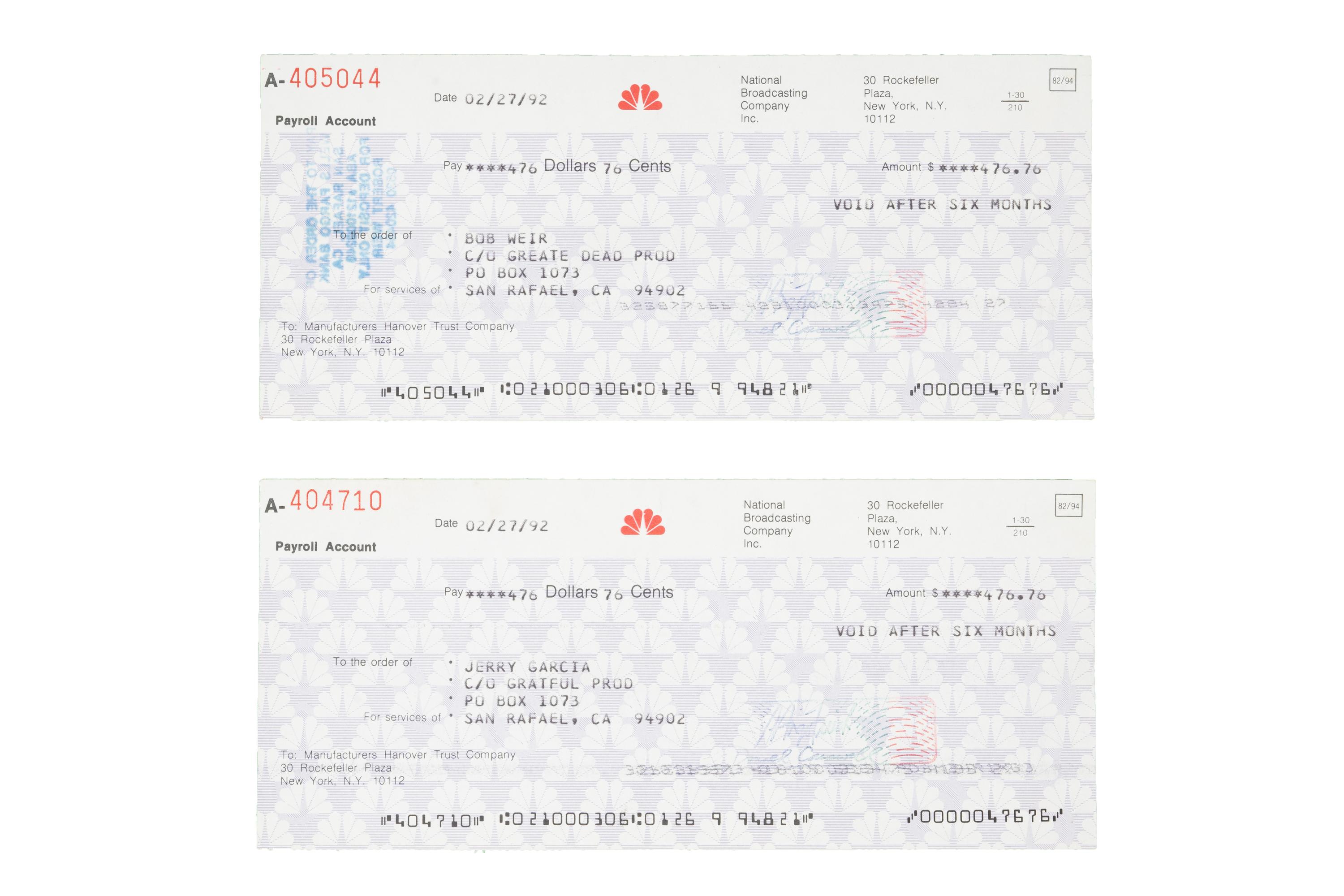 sale-Jerry Garcia & Bob Weir 1992 Letterman Show Appearance Checks