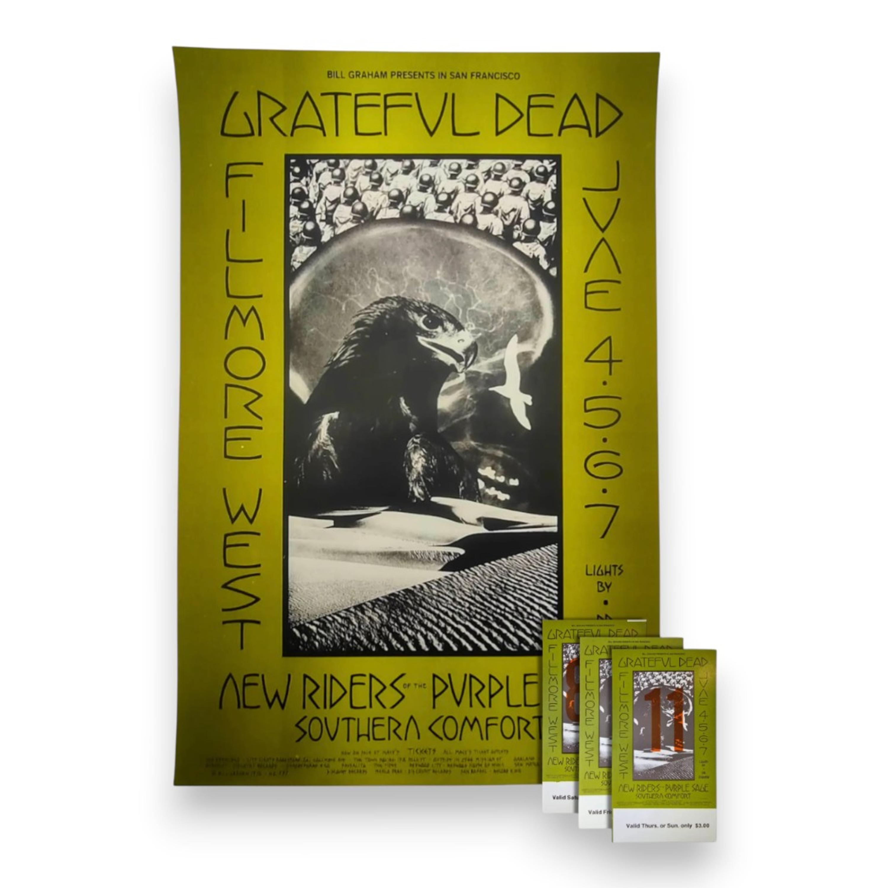 sale-BG-237 Grateful Dead & New Riders of the Purple Sage | Poster & 3 Tickets | David Singer | June 4-6, 1970 | Excellent