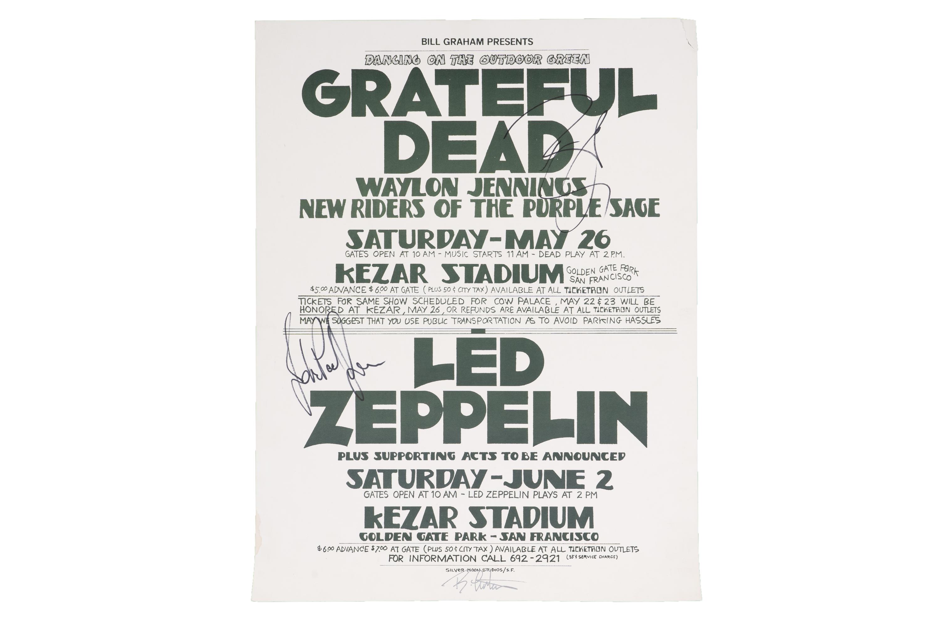 sale-Grateful Dead / Led Zeppelin Kezar Stadium Poster — Signed by Robert Plant, John Paul Jones & Randy Tuten