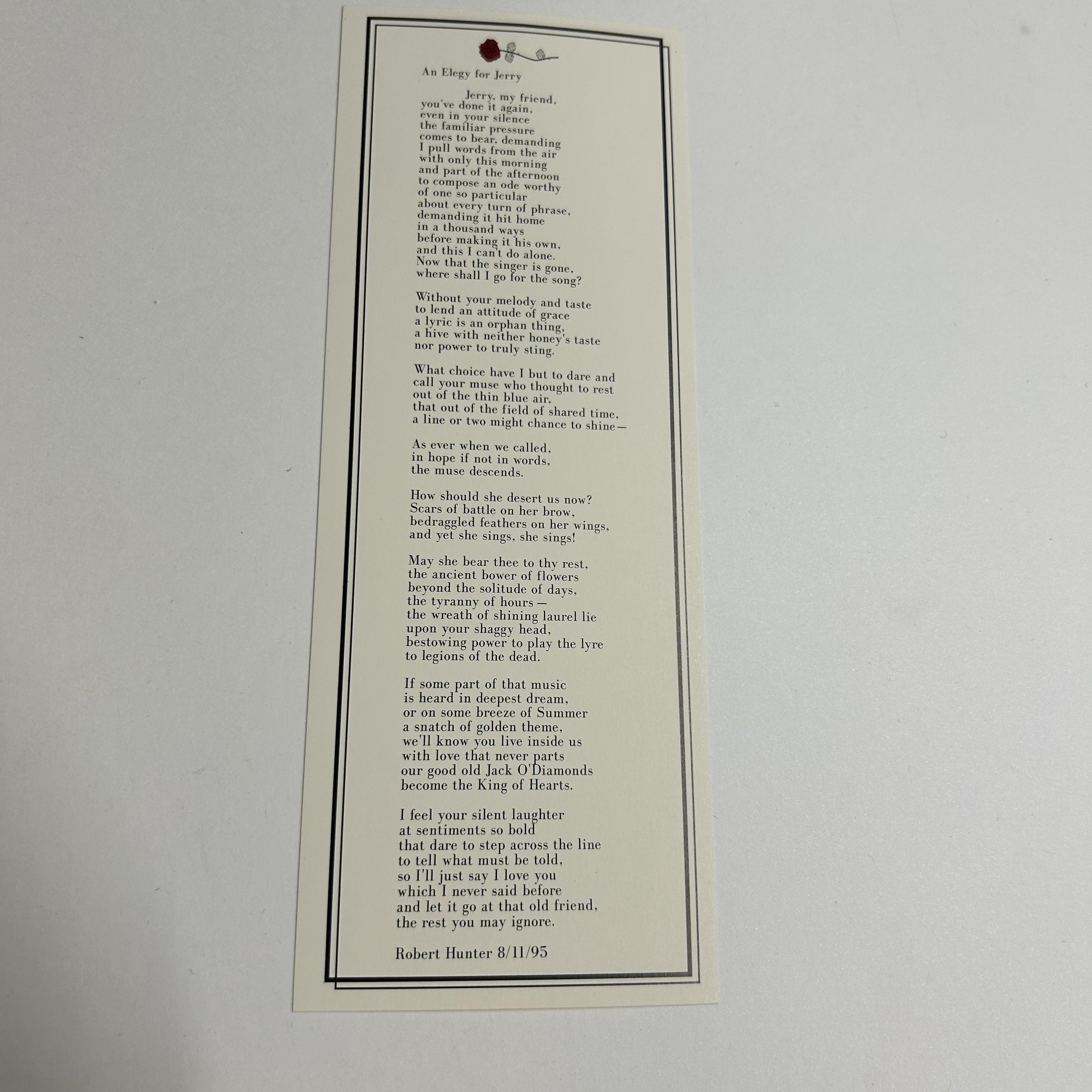 sale-Robert Hunter — “An Elegy for Jerry” Memorial Handbill